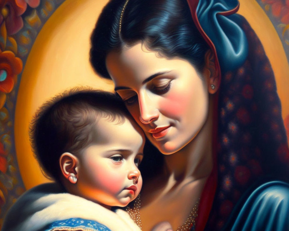 Traditional Attire: Woman Holding Baby in Floral Setting