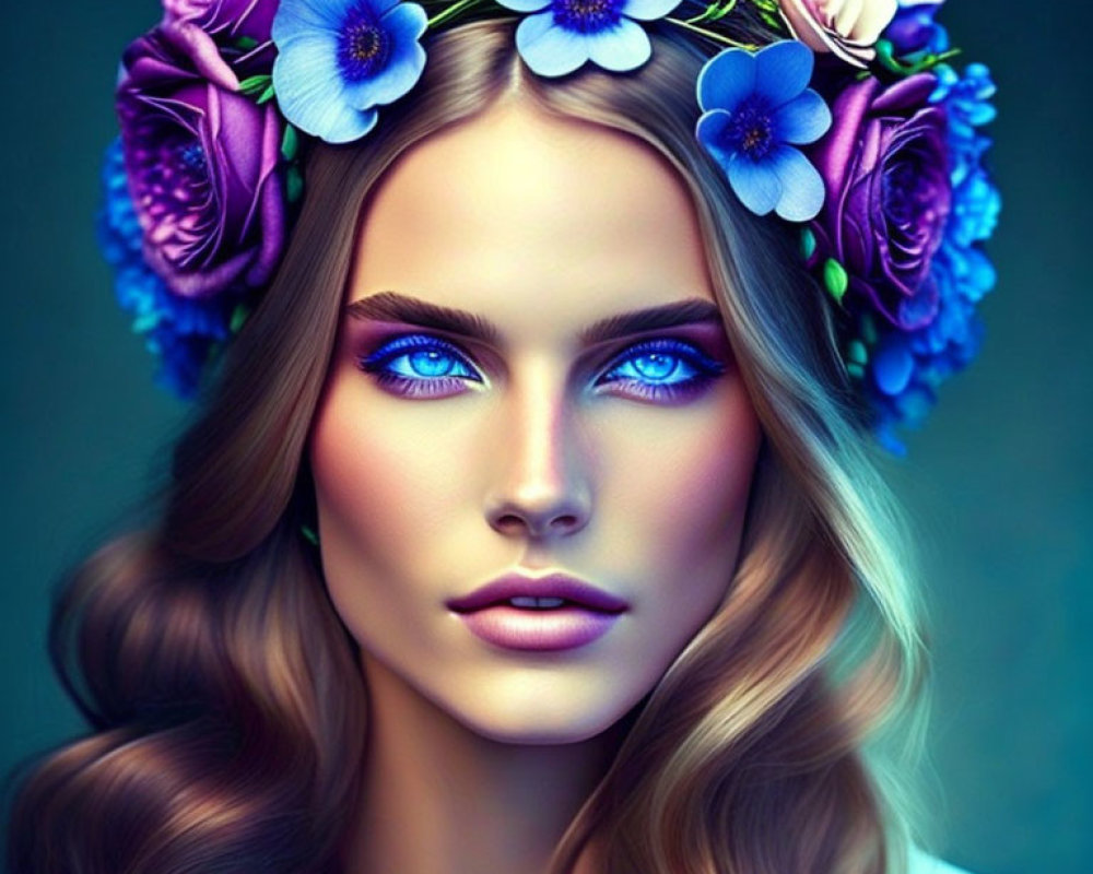 Woman with Striking Blue Eyes and Floral Wreath in Purple and Blue Flowers