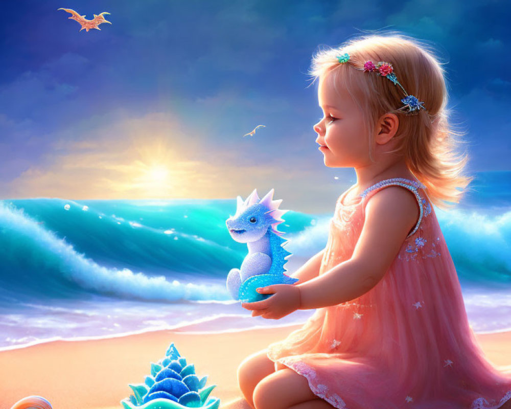 Young girl in pink dress with blue dragon on sandy beach at sunset