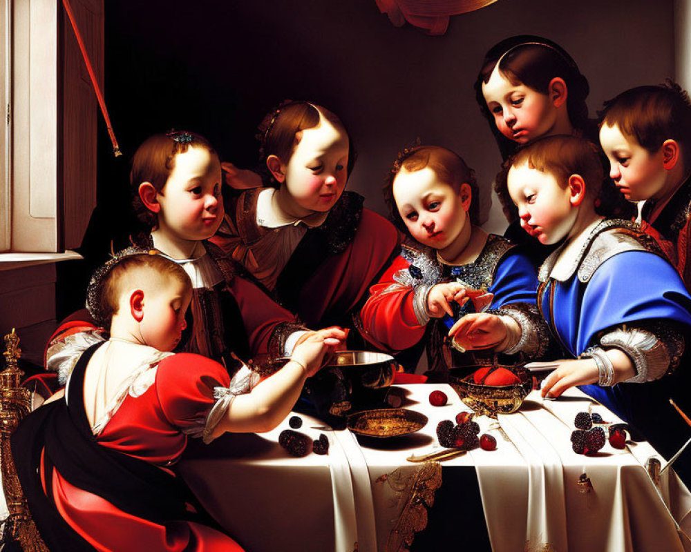 Children in Historical Attire Admiring Celestial Model at Table