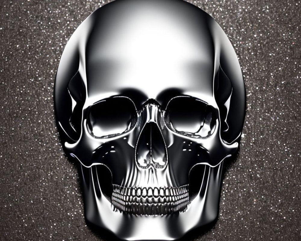 Reflective Metallic Skull on Glittery Black Background