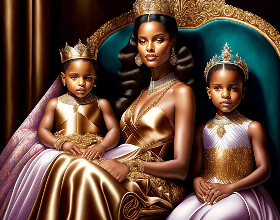 Regal woman with crown and children in royal attire against luxurious backdrop