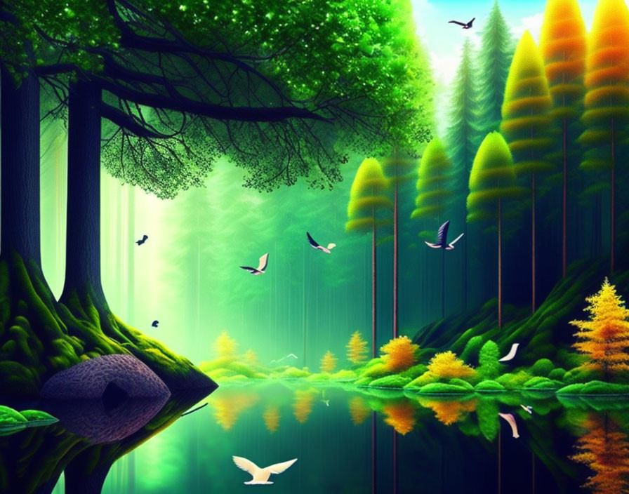Mystical forest with glowing trees, serene lake, greenery, and birds in sunlight