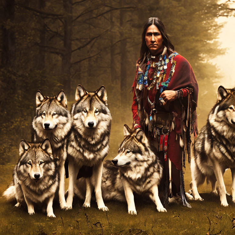 Native American person in traditional attire with wolves in misty forest