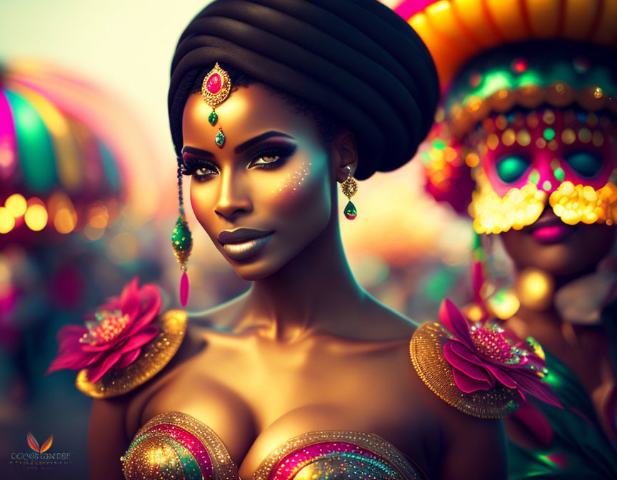 Vibrant digital artwork of woman with striking gaze and elaborate headwrap