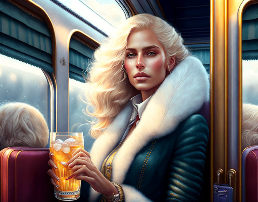 Blonde woman in fur-trimmed coat with drink in snowy train scene