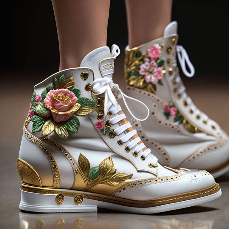Floral Embroidered High-Top Sneakers with Gold Leaf Accents