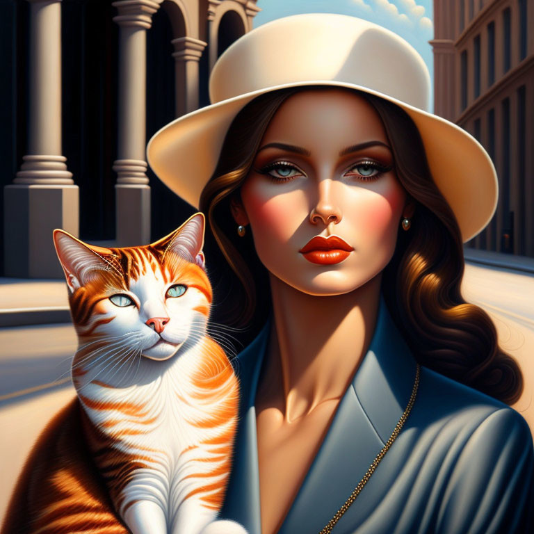 Stylized illustration of woman with blue eyes holding cat against classical columns