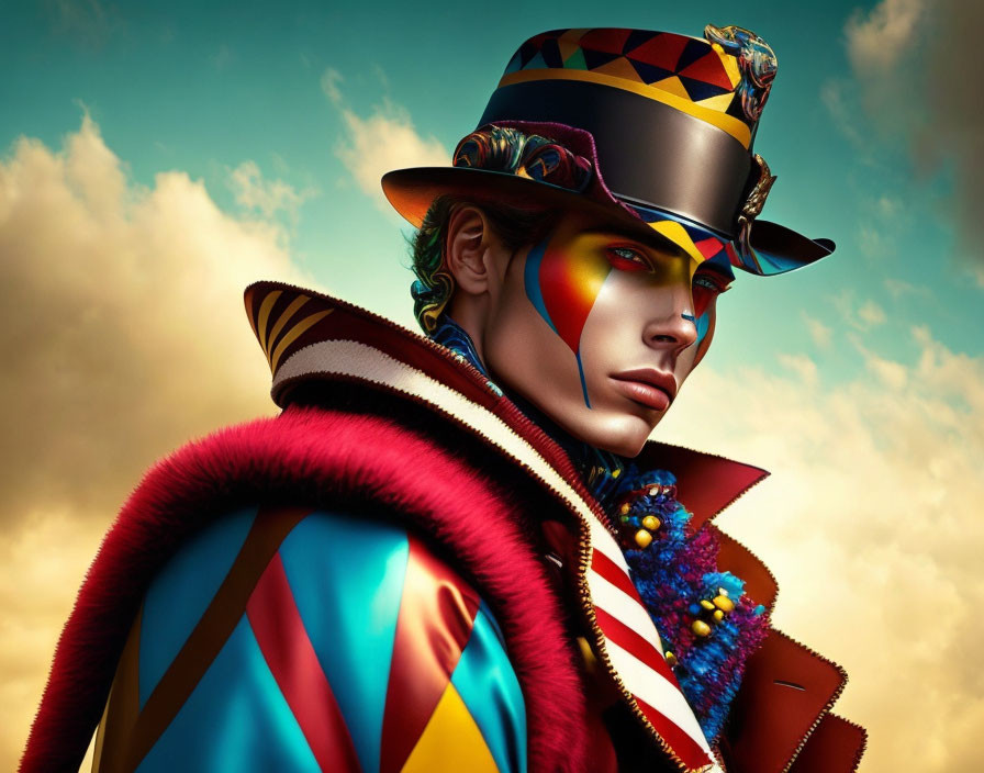 Vivid makeup portrait with patterned hat and coat on cloudy sky backdrop