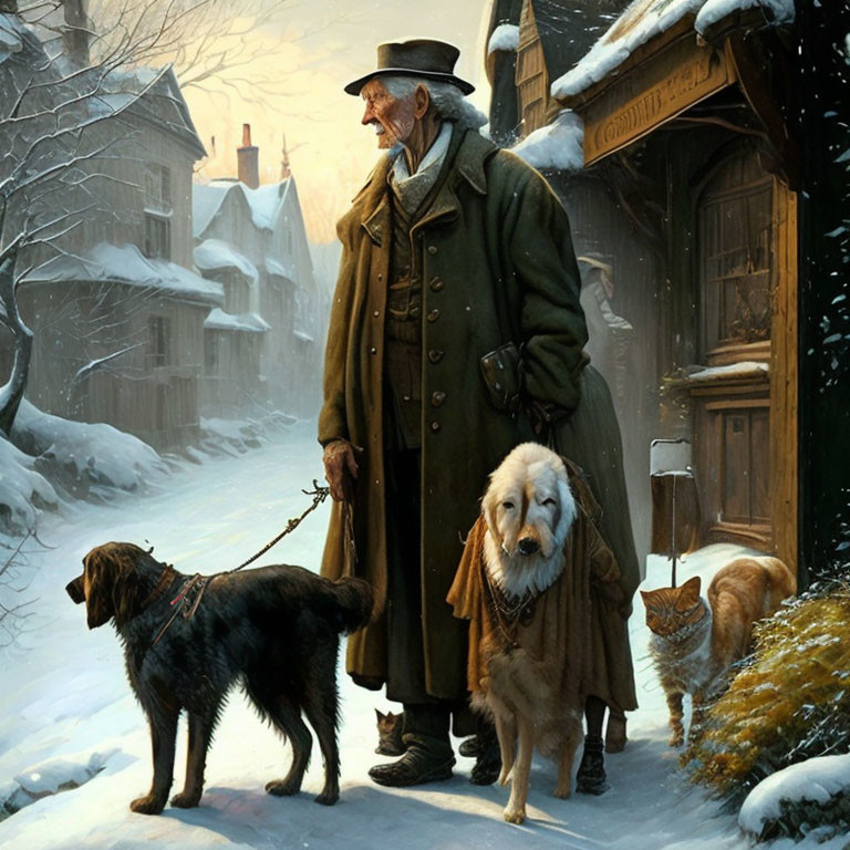 Elderly Gentleman with Pets on Snowy Street by Warmly Lit Houses