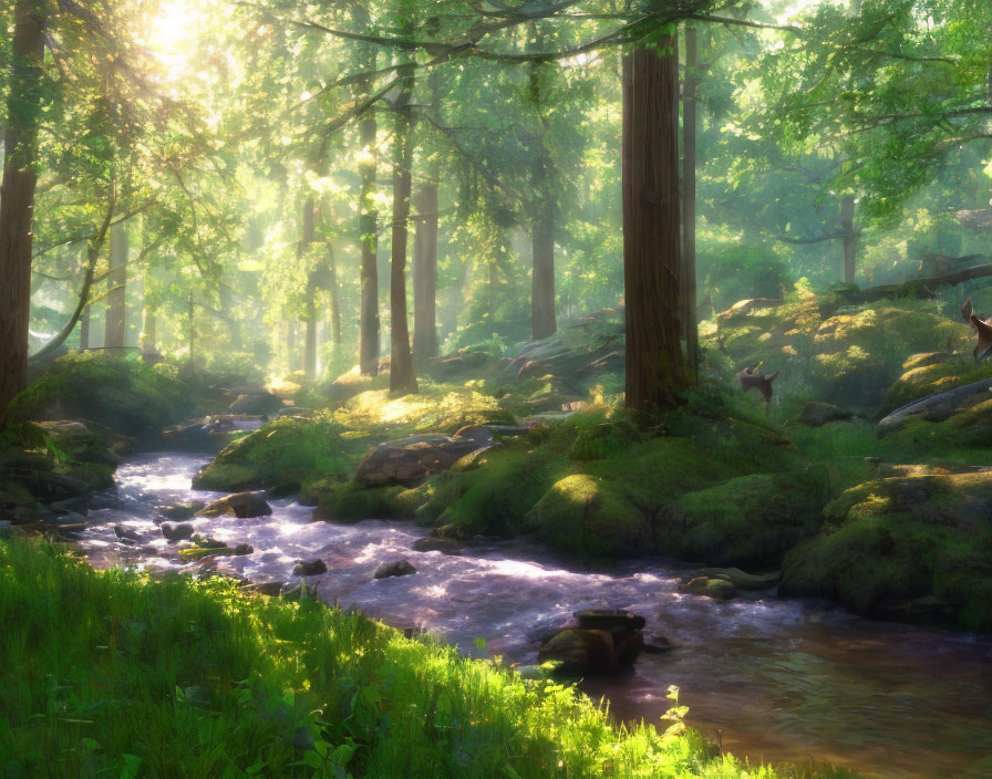 Tranquil Forest Landscape with Stream and Sun Rays