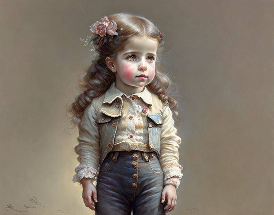 Realistic painting of young girl with curly hair in vintage cream jacket