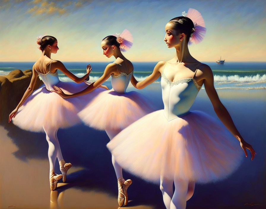 Three ballerinas in white tutus on beach with ship in horizon under blue sky