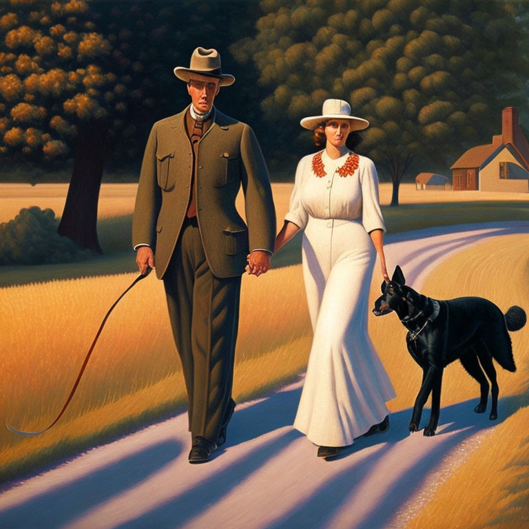 Vintage-dressed couple with black dog on country road at sunset