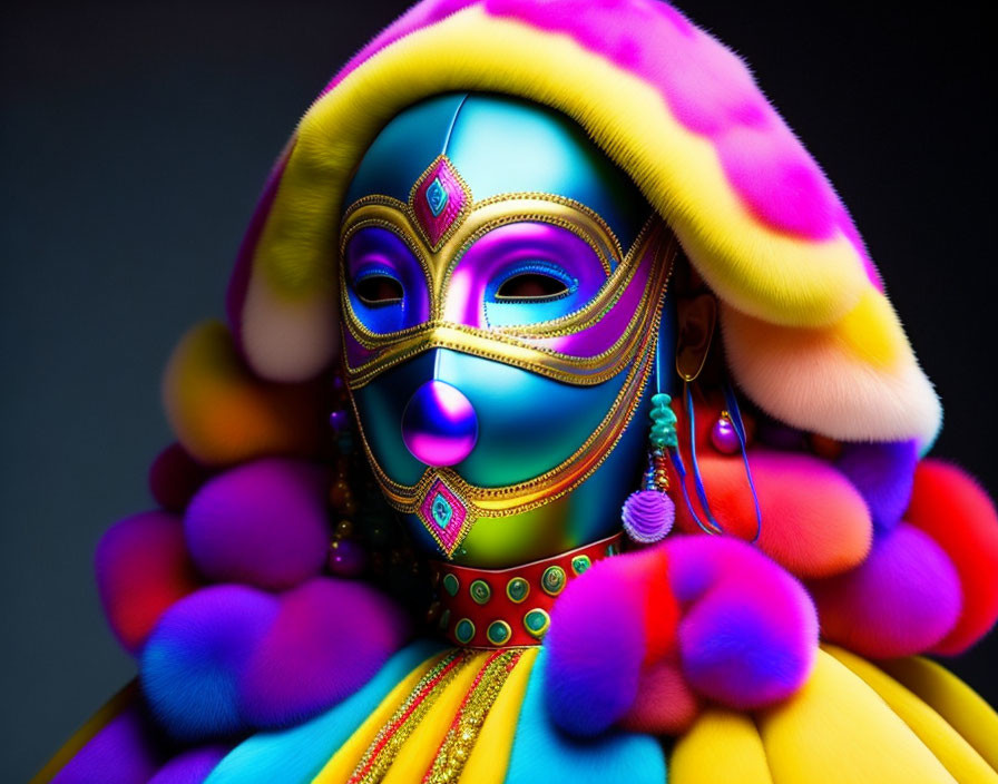 Vibrant multi-colored mask and costume portrait on dark background