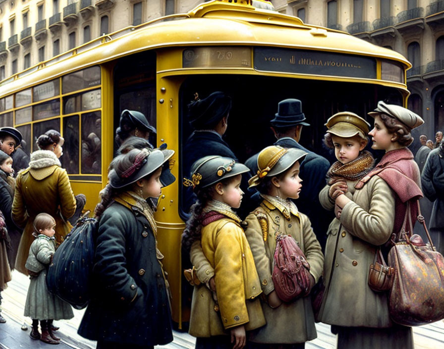 Vintage-dressed children by old yellow streetcar in busy city scene