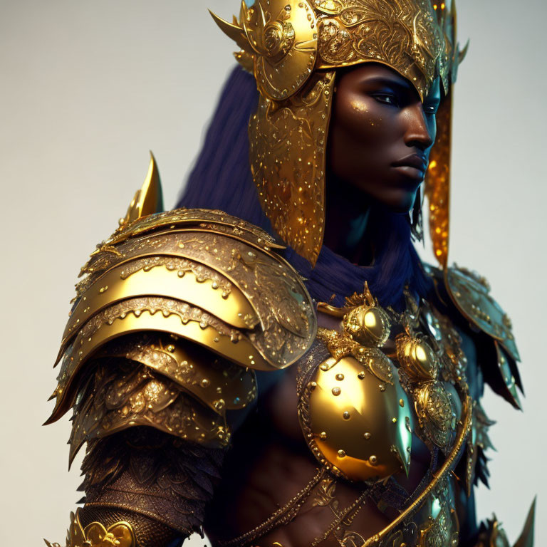 Blue-skinned figure in ornate golden armor and helmet exudes strength and nobility