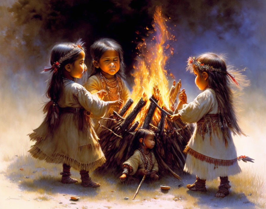 Three Children in Traditional Attire Around Bonfire in Natural Setting