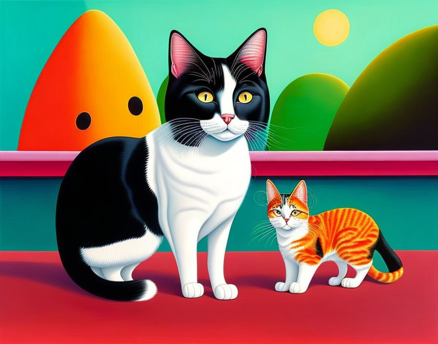 Vibrantly colored stylized cats on abstract background with geometric shapes.