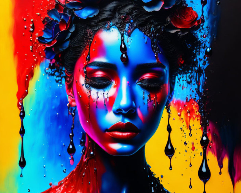 Colorful portrait of person with floral headpiece and paint drips