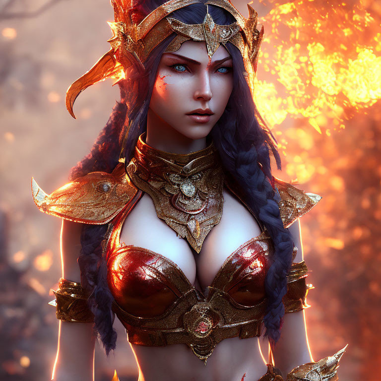 Blue-skinned female warrior in golden armor against fiery background