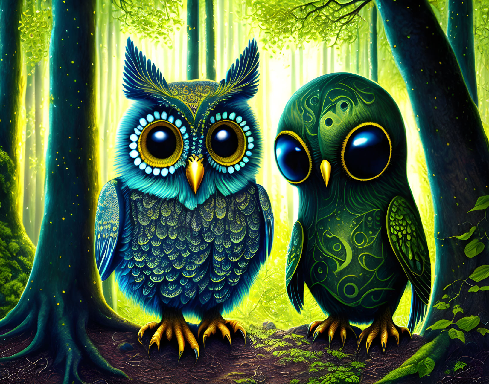 Colorful Stylized Owls in Enchanted Green Forest
