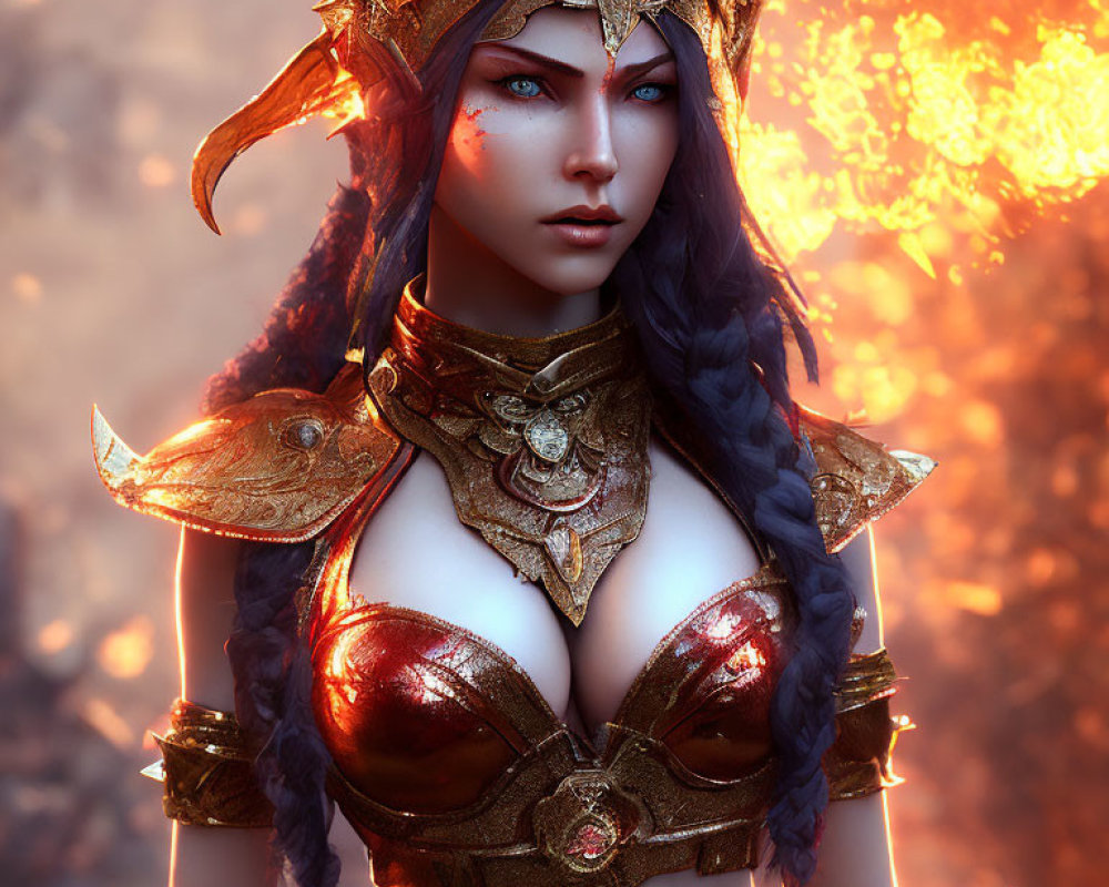 Blue-skinned female warrior in golden armor against fiery background