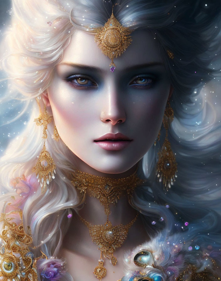 Portrait of a woman with pale skin, blue eyes, blond hair, gold jewelry, starry backdrop