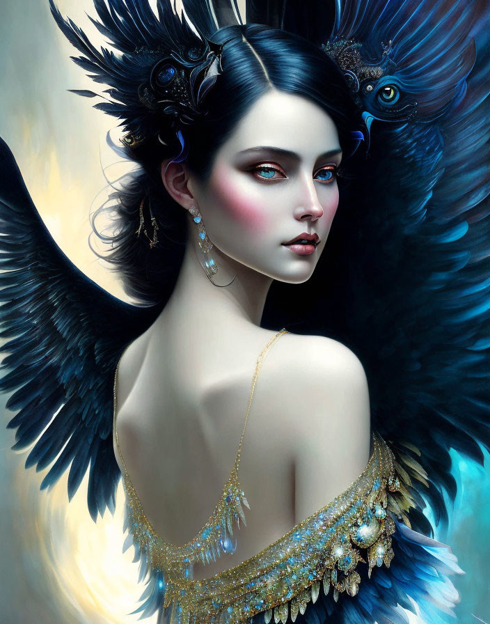 Illustration of woman with dark hair, pale skin, blue eyes, gold jewelry, and dark feathers