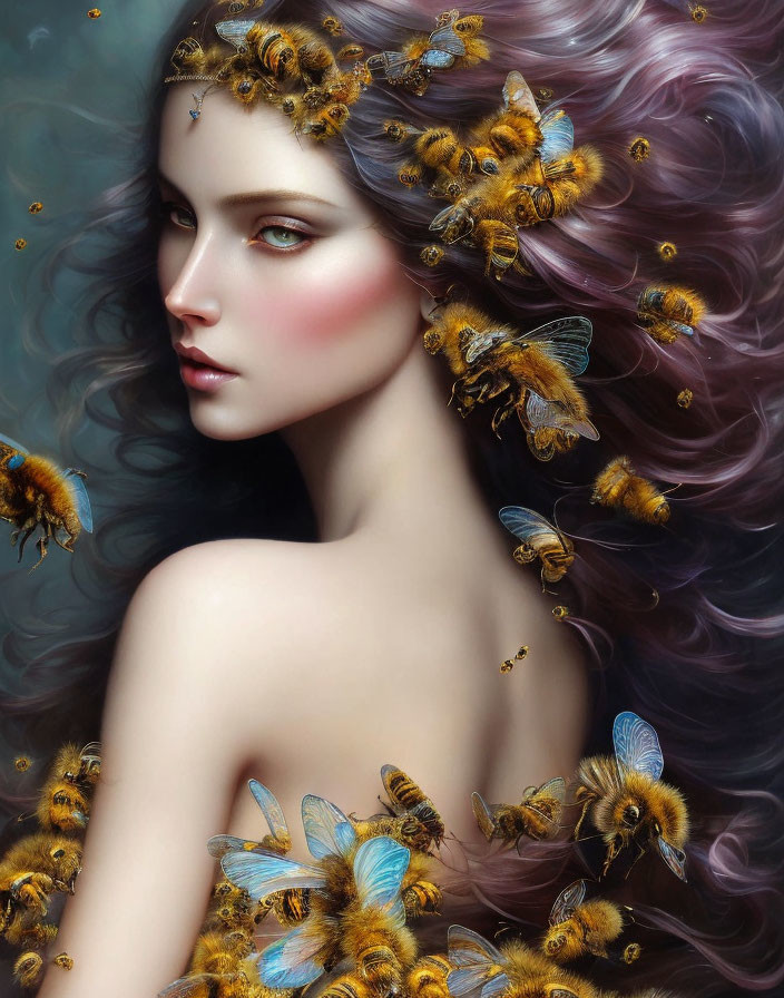 Digital Artwork: Woman with Purple Hair and Bees