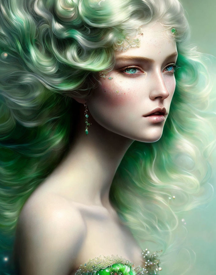 Digitally-created female with wavy green hair and sparkling accents
