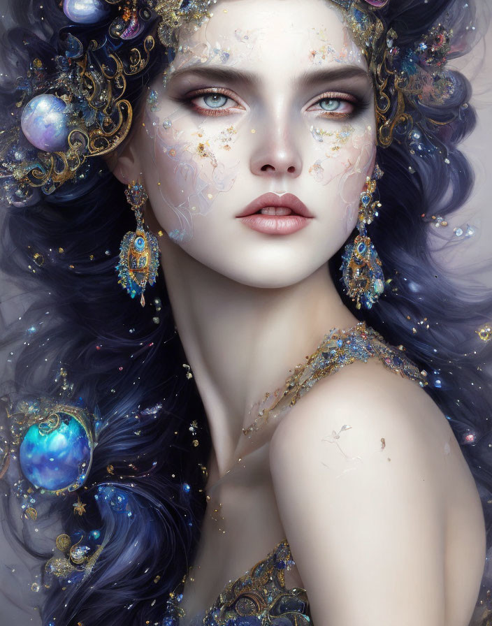 Fantasy portrait of woman with blue hair, red eyes, and celestial ornaments.