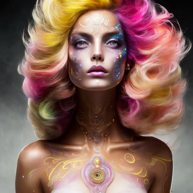 Vibrant fantasy portrait of a woman with colorful hair and glitter makeup