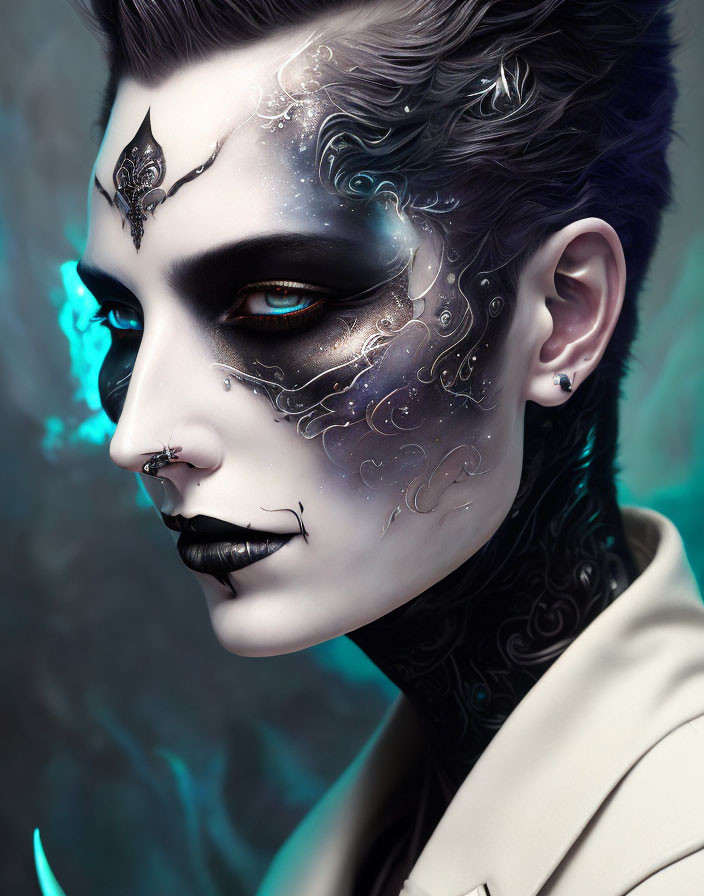 Intricate face paint with swirls and patterns, vibrant blue eyes, and septum piercing on