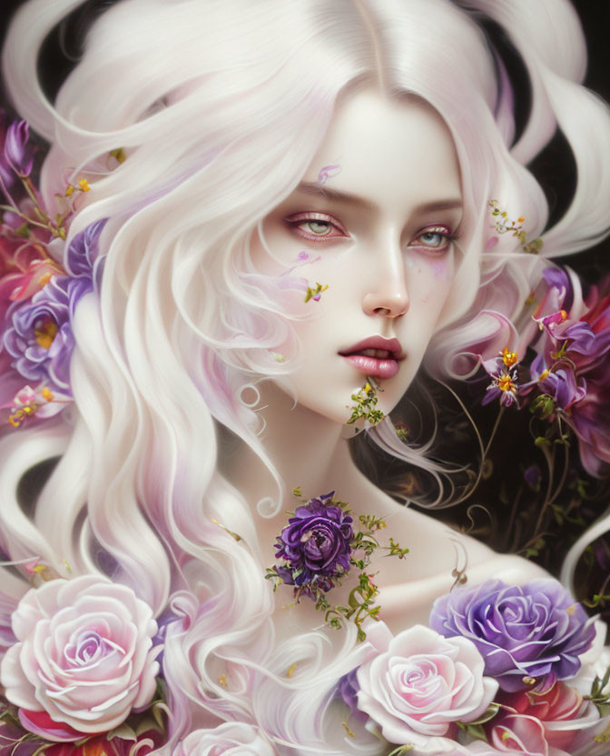 Illustrated portrait of woman with white hair and vibrant roses.