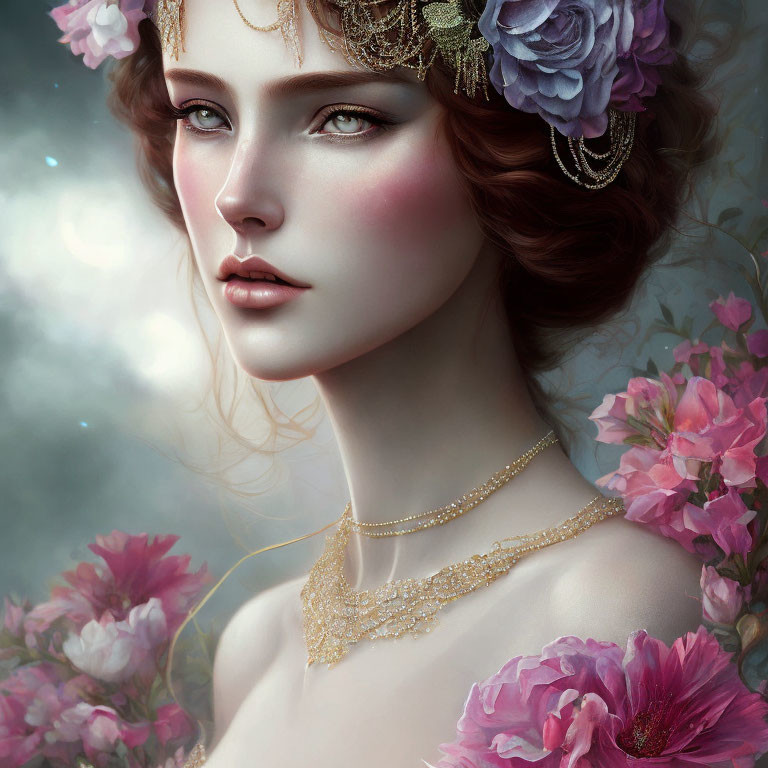 Digital portrait of woman with floral hair adornments and elegant jewelry, surrounded by soft pink flowers