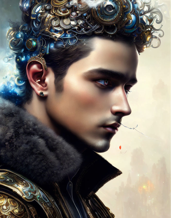 Profile Portrait of Man with Ornate Golden Headgear and Blue Accents