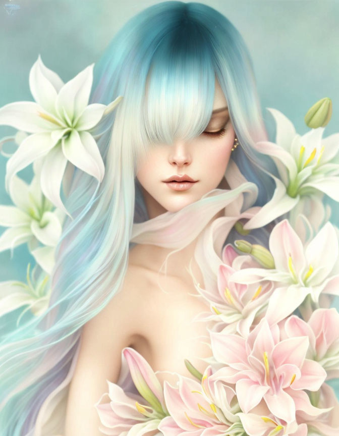 Pastel Blue Hair Person Surrounded by White and Pink Blooming Flowers