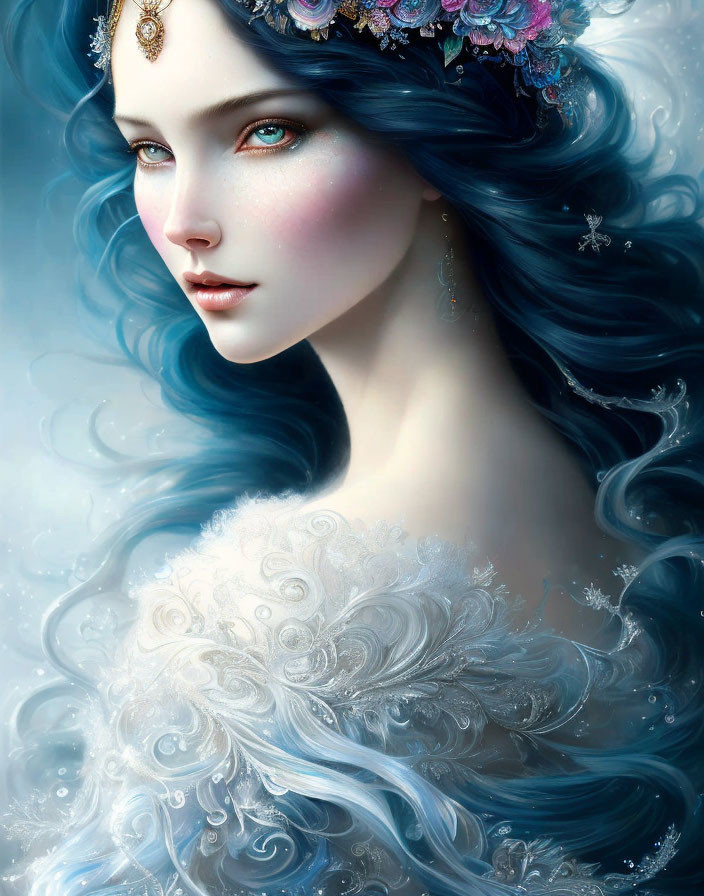 Ethereal woman with blue hair in white gown and floral jewelry