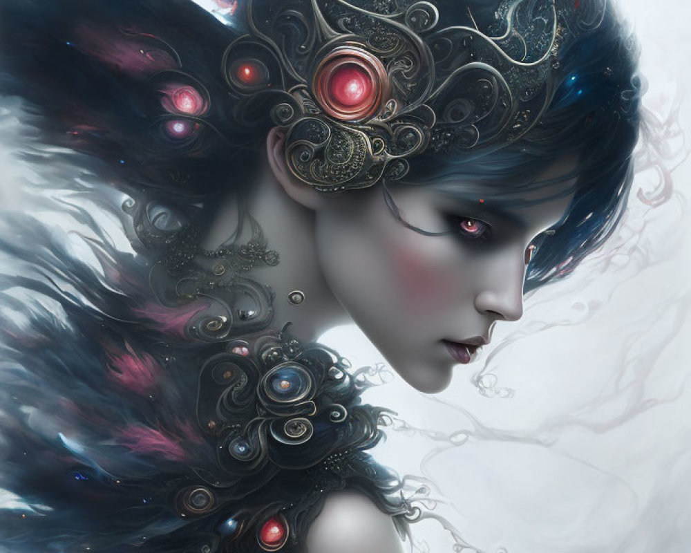 Illustration of woman with ornate headdress, red eyes, and swirling nebula shroud
