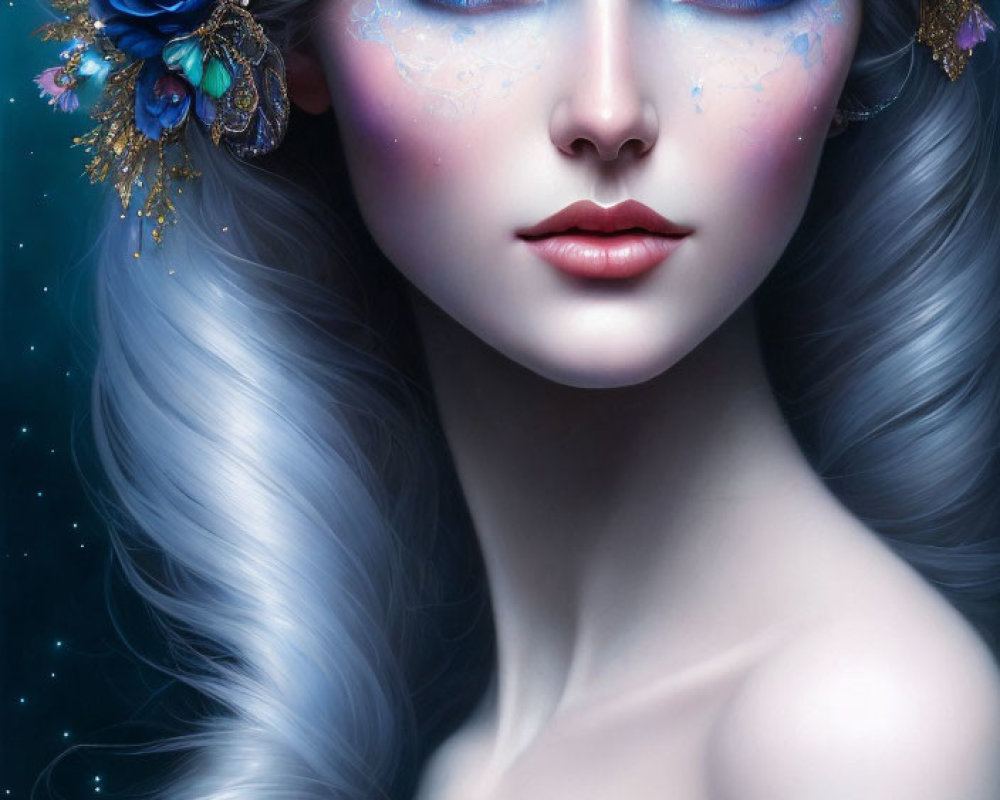 Digital art portrait of a woman with blue eyes, celestial makeup, floral headpiece on dark background