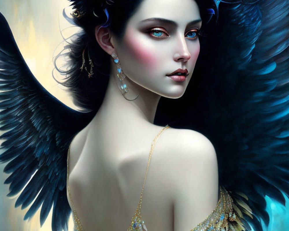Illustration of woman with dark hair, pale skin, blue eyes, gold jewelry, and dark feathers