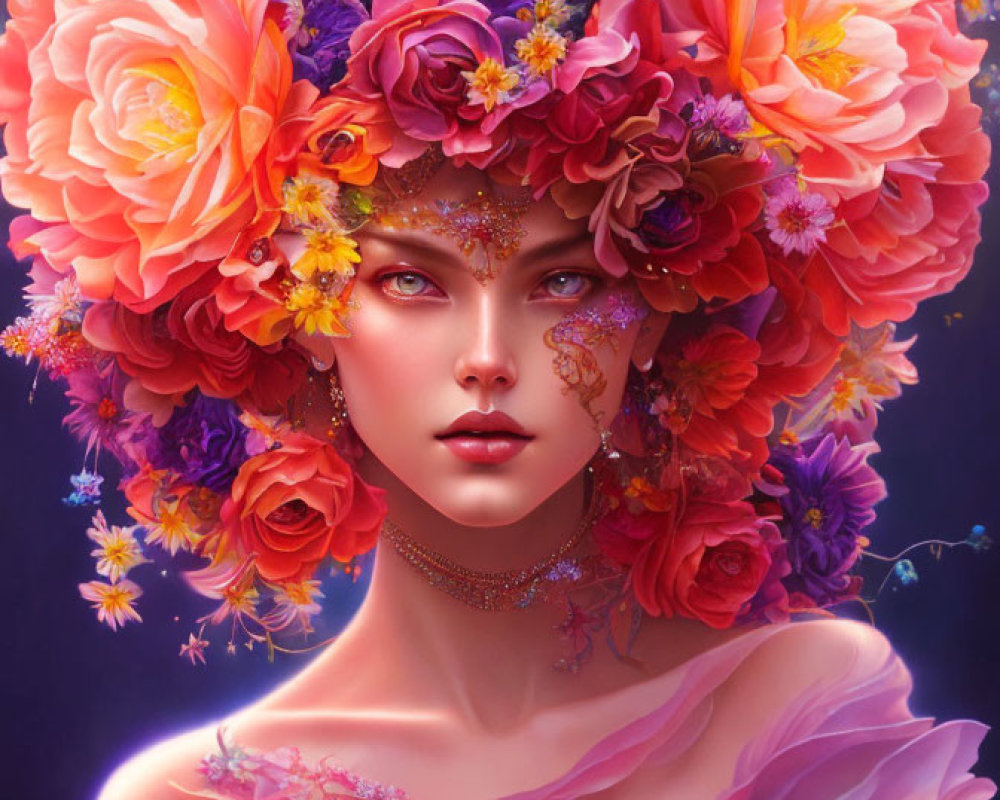 Colorful digital portrait of woman with floral headdress & jewelry