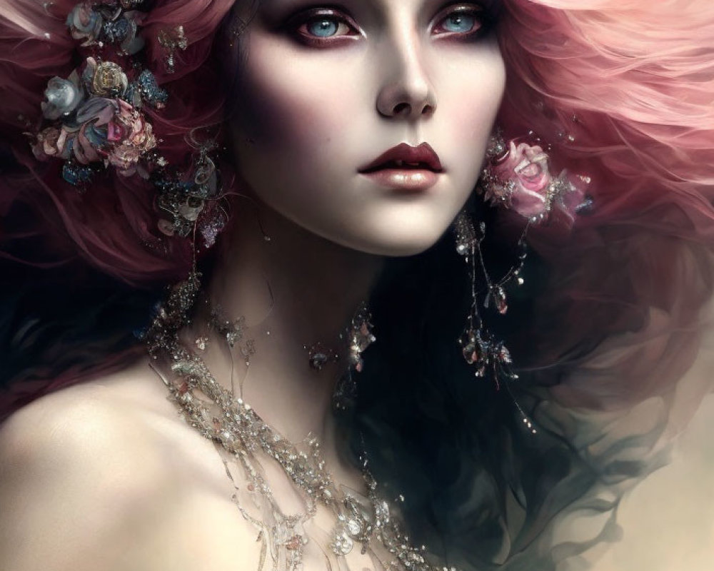 Digital artwork: Woman with pale skin, pink wavy hair, blue eyes, and ornate jewelry