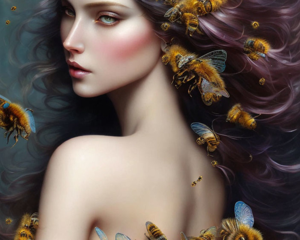 Digital Artwork: Woman with Purple Hair and Bees