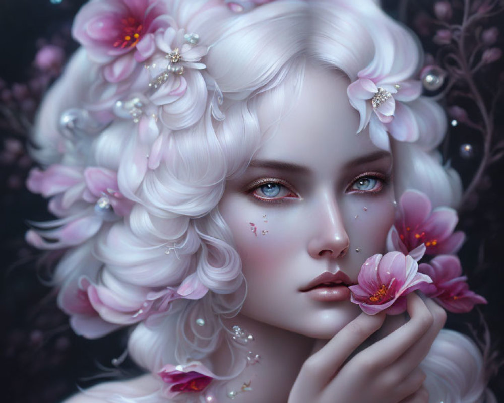 Portrait of woman with pale skin, turquoise eyes, pink blossoms, pearls in white hair, holding