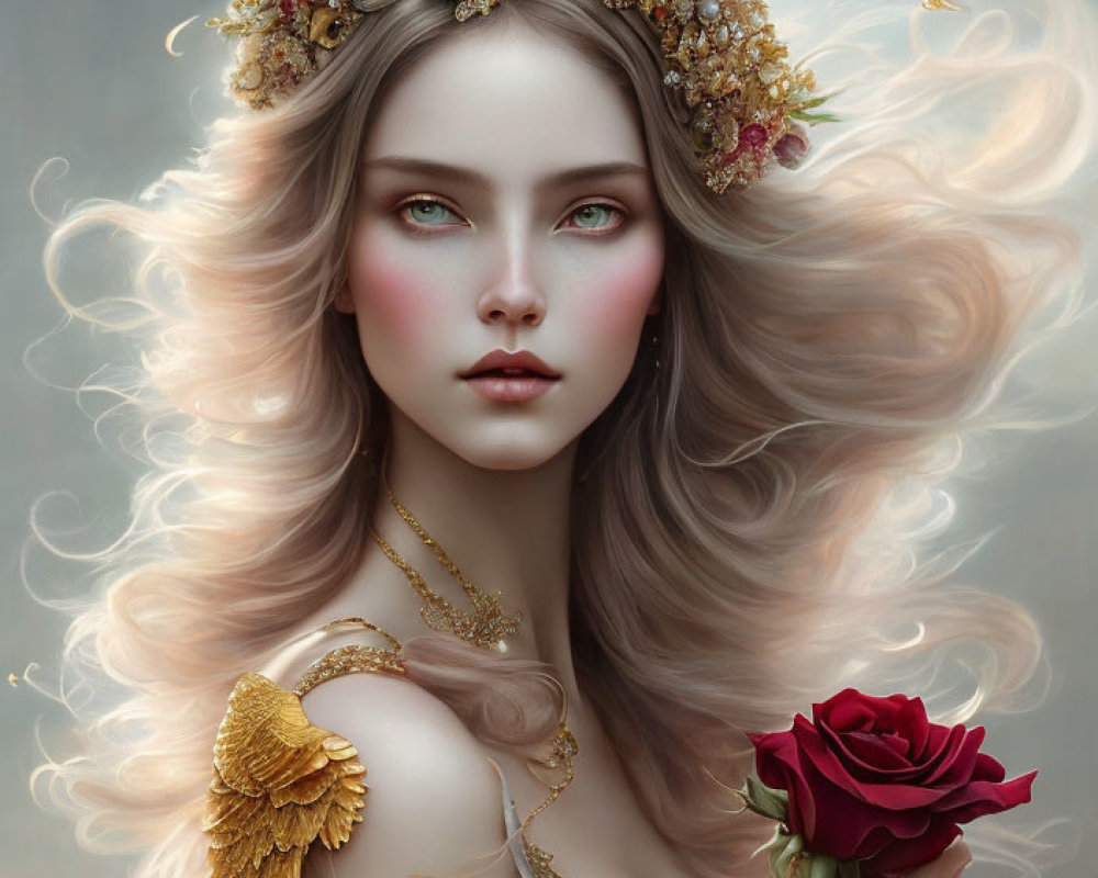 Ethereal woman portrait with long flowing hair and floral crown