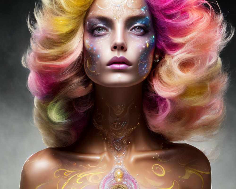 Vibrant fantasy portrait of a woman with colorful hair and glitter makeup