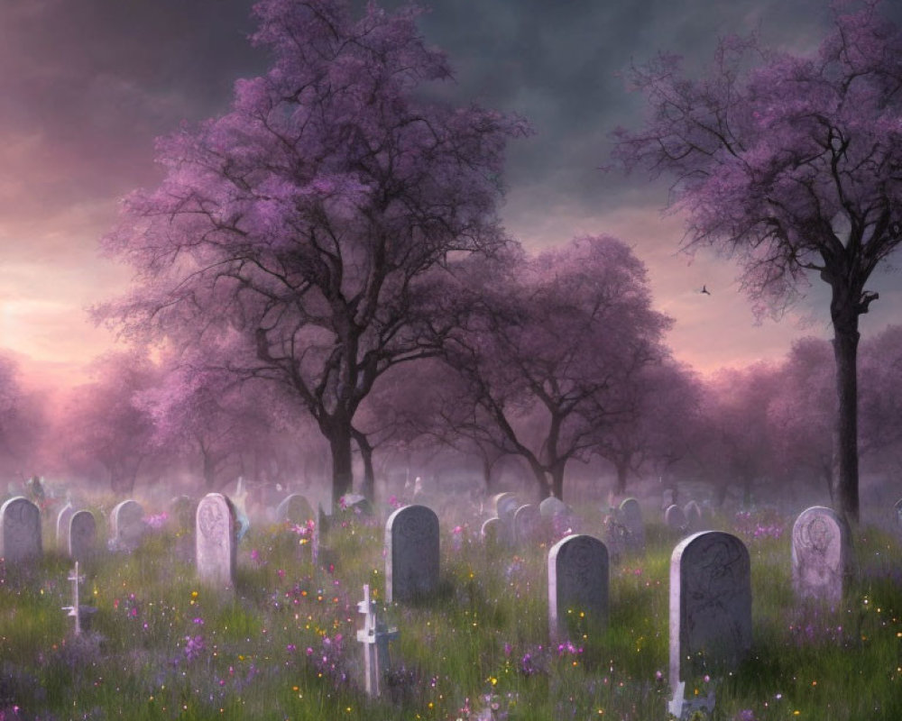 Misty dusk cemetery with pink blossoming trees and tombstones among purple flowers