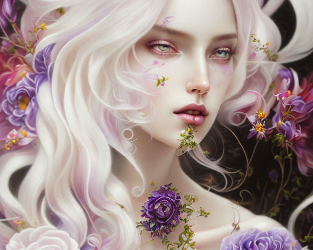 Illustrated portrait of woman with white hair and vibrant roses.